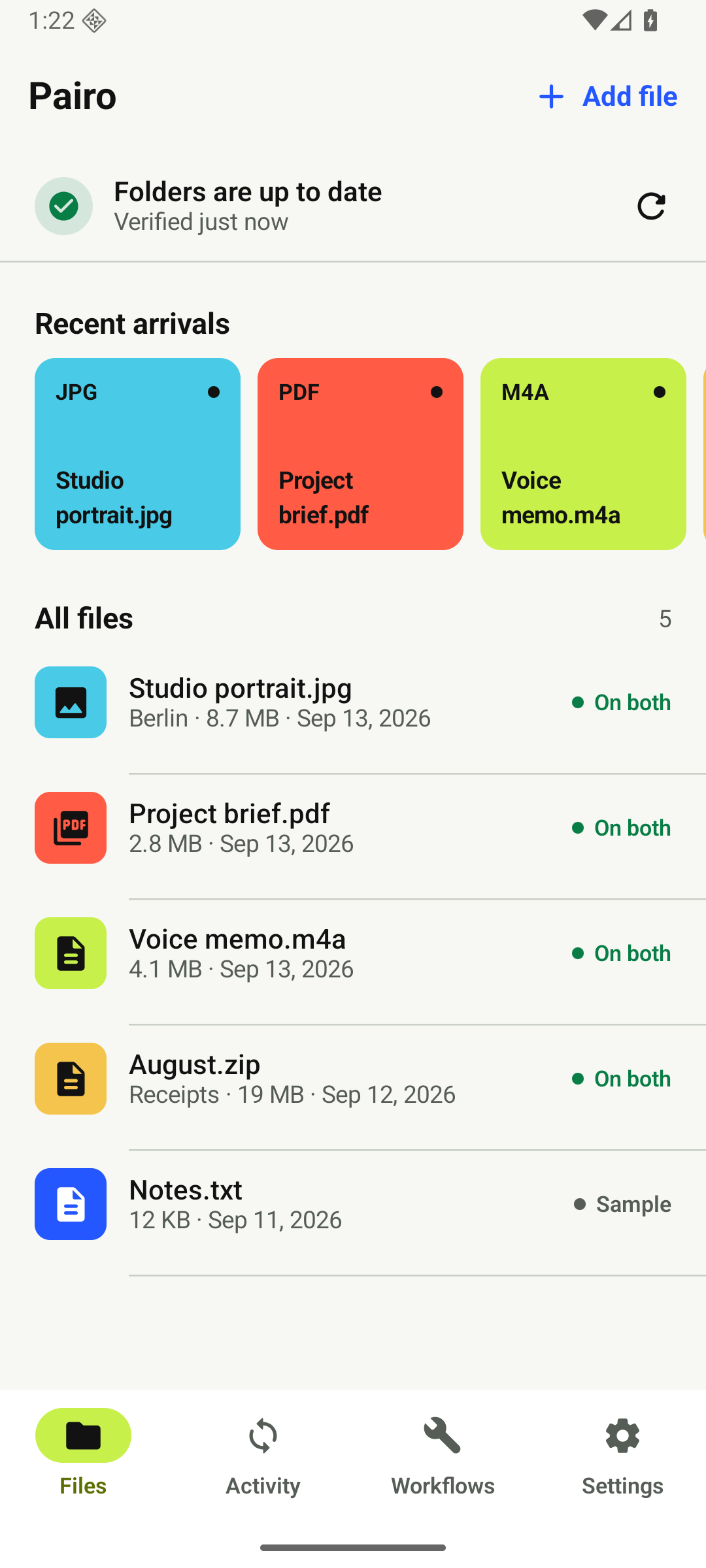 Pairo files screen showing synced files on Android
