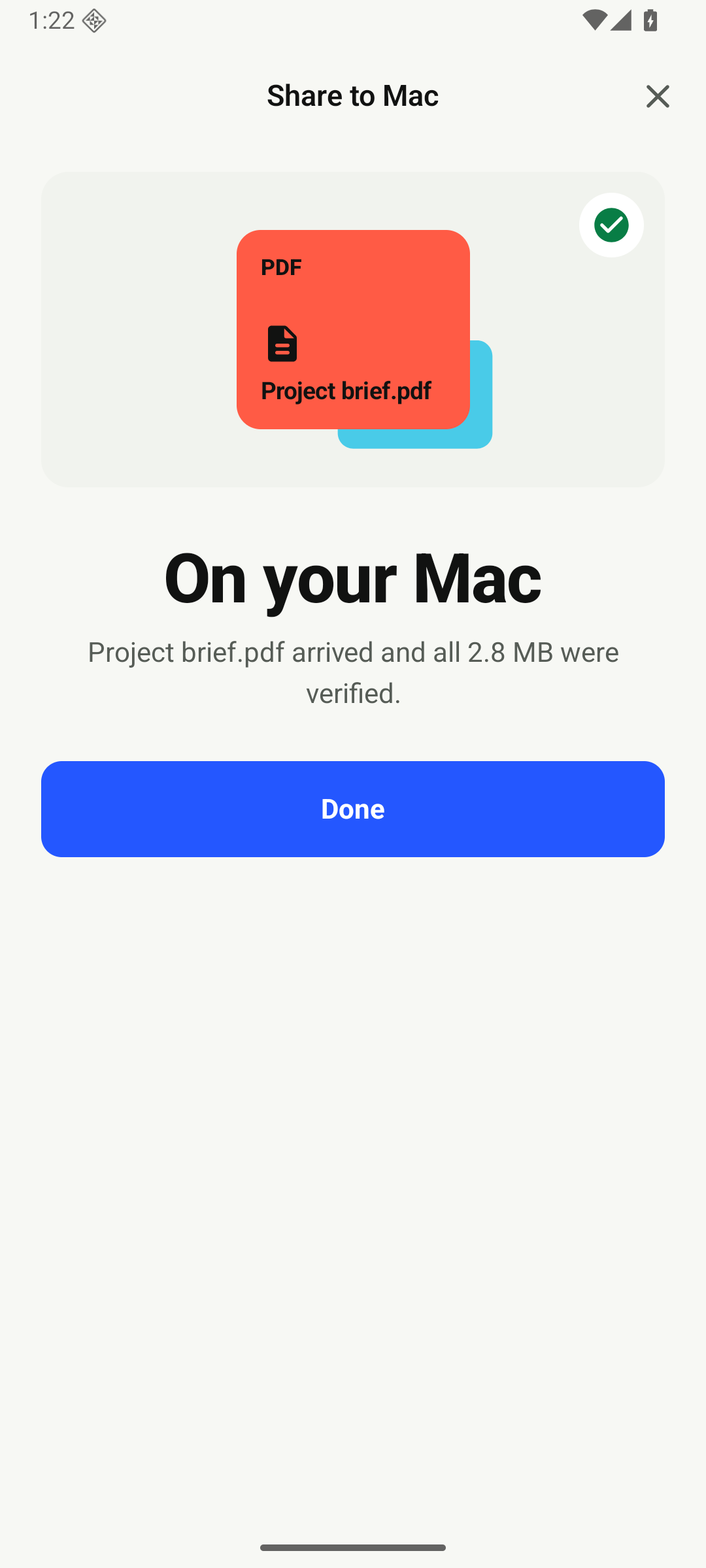 Pairo confirming that a PDF arrived on the Mac